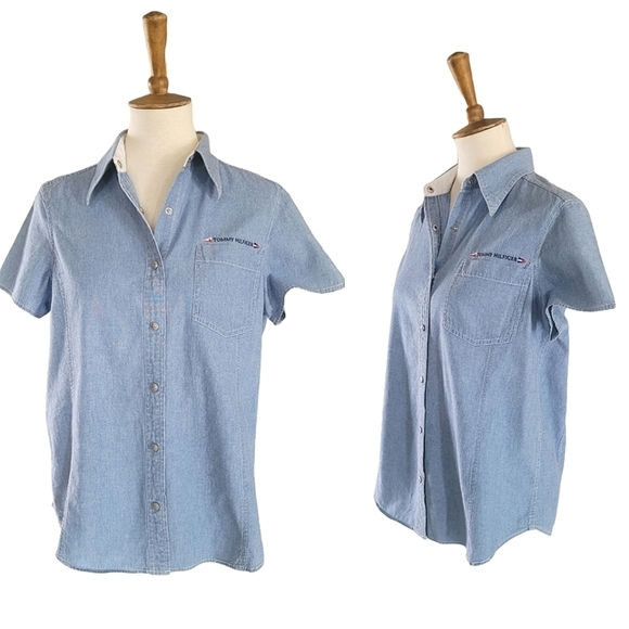 Tommy Hilfiger 90's Logo Embroidered‎ Denim Snap Front Shirt - Picture 1 of 7